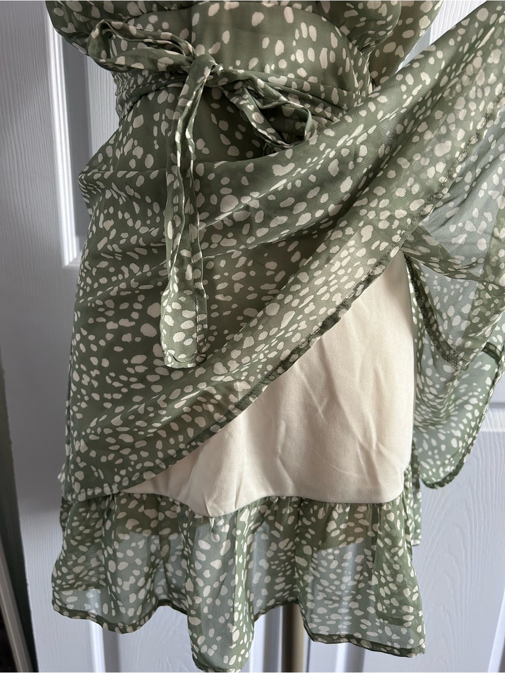 Sage Green Printed Wrap Mini Dress - Picture 2 of 6